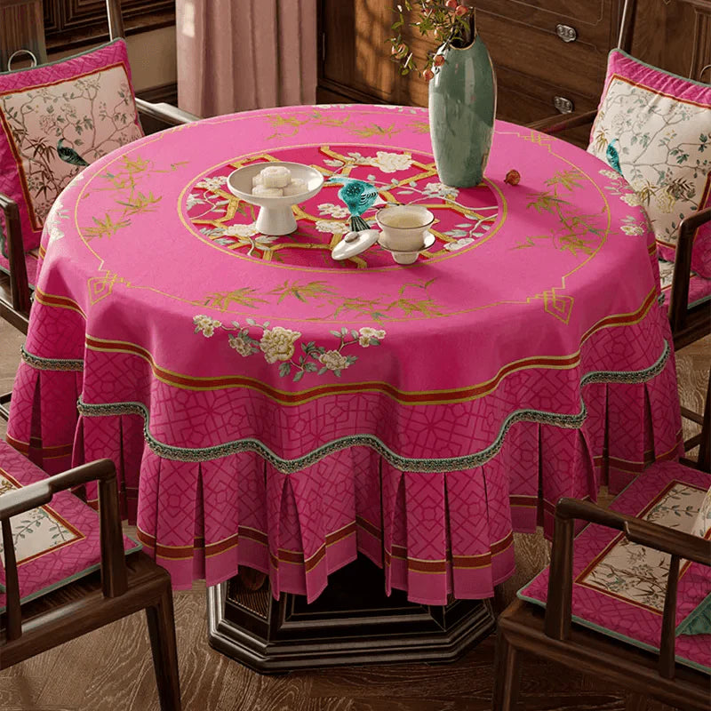 Chinoiserie Pink Retro Floral Bird Round Tablecloth - SinoCultural -- TC025A160