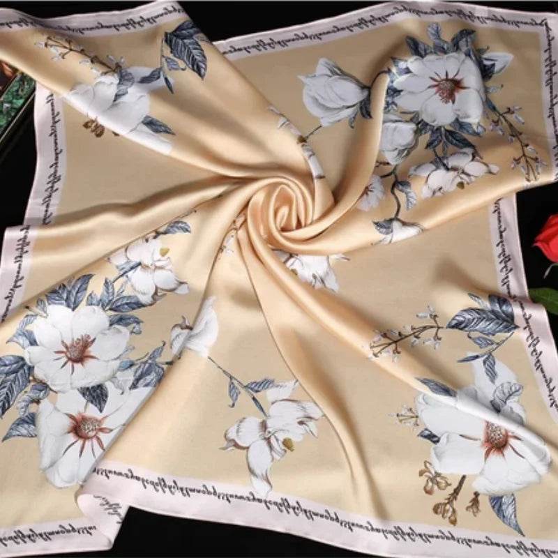 100% Mulberry Silk Floral Silk Square Scarf 90x90cm - SinoCultural -- HYFSJ009-2