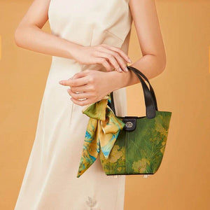 Xiangyunsha Silk Dark Green Bucket Bag with Scarf - SinoCultural -- P170203