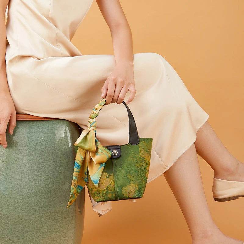 Xiangyunsha Silk Dark Green Bucket Bag with Scarf - SinoCultural -- P170203