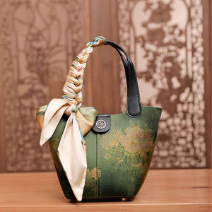 Xiangyunsha Silk Dark Green Bucket Bag with Scarf - SinoCultural -- P170203