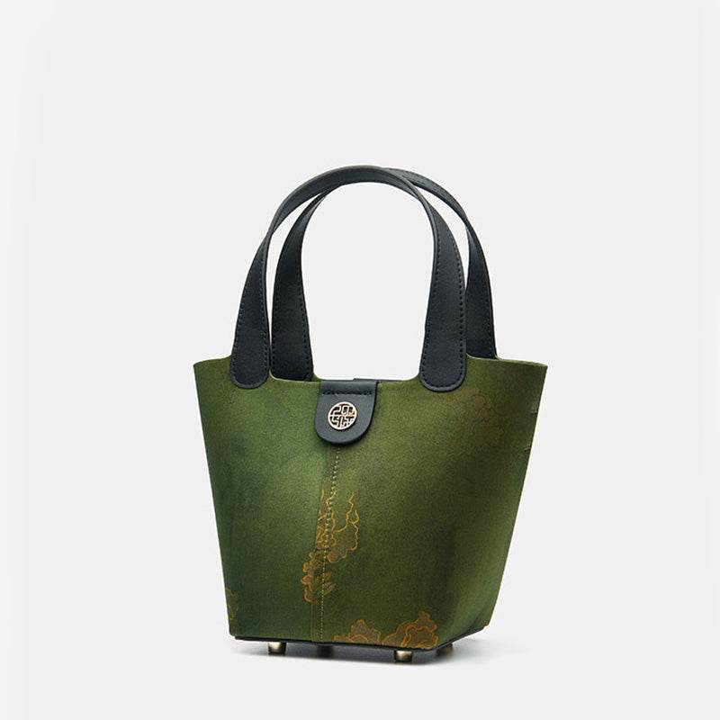 Xiangyunsha Silk Dark Green Bucket Bag with Scarf - SinoCultural -- P170203