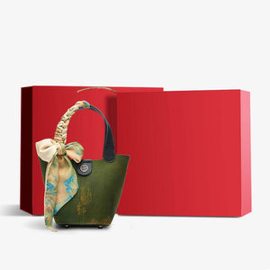 Xiangyunsha Silk Dark Green Bucket Bag with Scarf - SinoCultural -- P170203