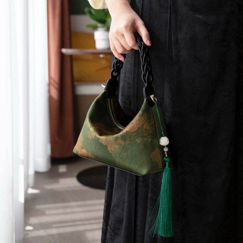 Xiangyunsha Silk Dark Green Mulberry Silk Shoulder Bag - SinoCultural -- P170083-2