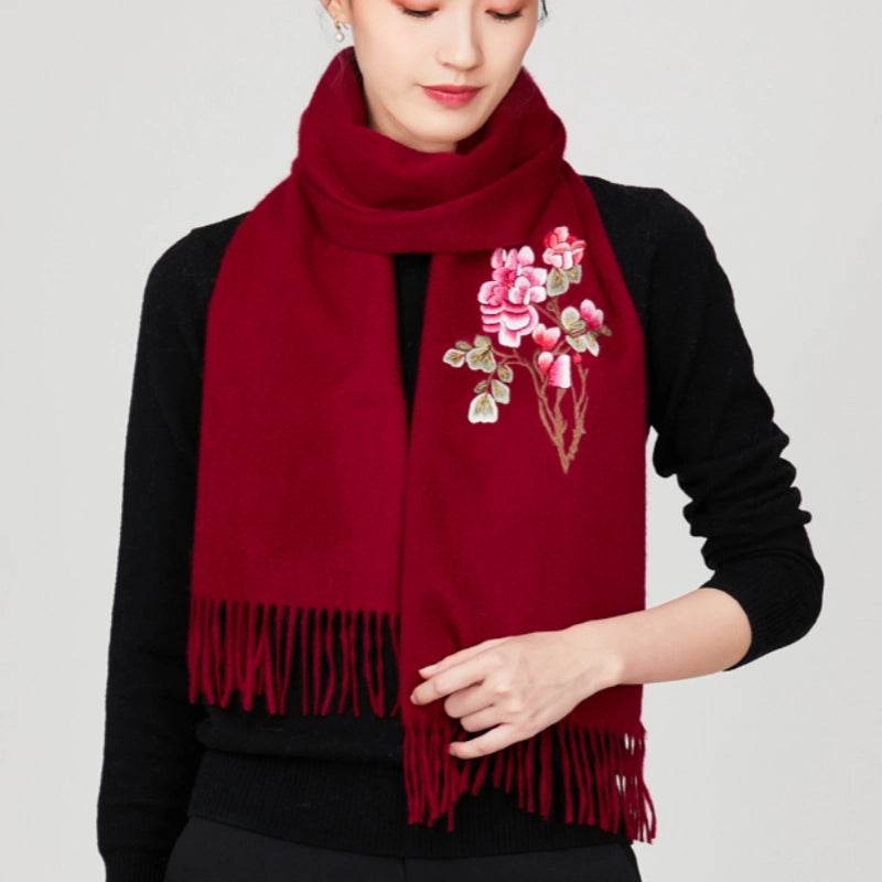 Handcrafted Su Embroidery Cashmere Scarf Warm Winter 200x70cm - SinoCultural -- HYFSJ022-2