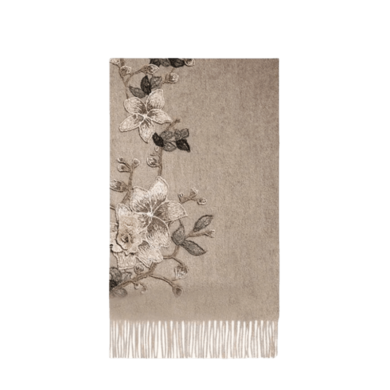Embroidery 100% Pure Cashmere Scarf Gardenia 200x60 cm - SinoCultural -- HYFSJ037