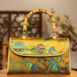 Chinese Painting Xiangyunsha Silk Bamboo Handle Barrel Handbag - SinoCultural -- P170079