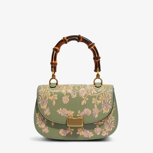 Handcrafted Embroidery Leather Green Handbag Camellia Bamboo Handle - SinoCultural -- CXXB043G