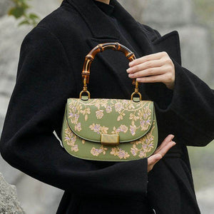 Handcrafted Embroidery Leather Green Handbag Camellia Bamboo Handle - SinoCultural -- CXXB043G
