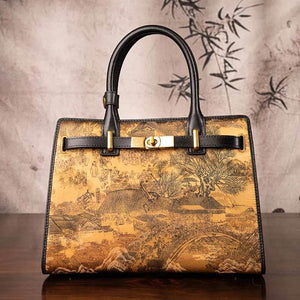 Handmade Xiangyunsha Silk Black Leather Kelly Bag Chinese Painting - SinoCultural -- W4188-2