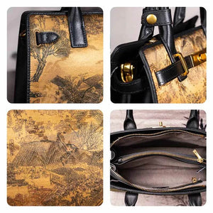 Handmade Xiangyunsha Silk Black Leather Kelly Bag Chinese Painting - SinoCultural -- W4188-2