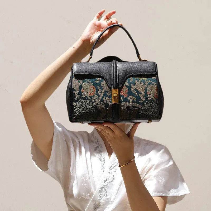 Sinocultural Handmade Song Brocade Chinoiserie Leather Bag Clutch Bag - SinoCultural -- W3085-2