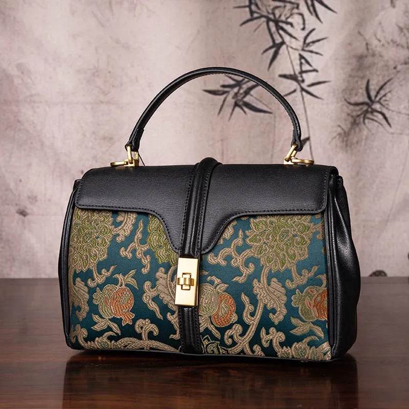 Sinocultural Handmade Song Brocade Chinoiserie Leather Bag Clutch Bag - SinoCultural -- W3085-2