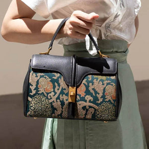 Sinocultural Handmade Song Brocade Chinoiserie Leather Bag Clutch Bag - SinoCultural -- W3085-2