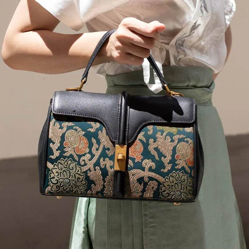 Sinocultural Handmade Song Brocade Chinoiserie Leather Bag Clutch Bag - SinoCultural -- W3085-2