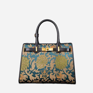Handmade Song Brocade Chinoiserie Leather Kelly Bag Twining Flowers - SinoCultural -- W4188-1