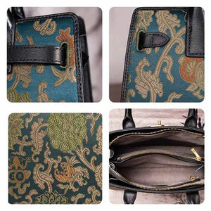 Handmade Song Brocade Chinoiserie Leather Kelly Bag Twining Flowers - SinoCultural -- W4188-1