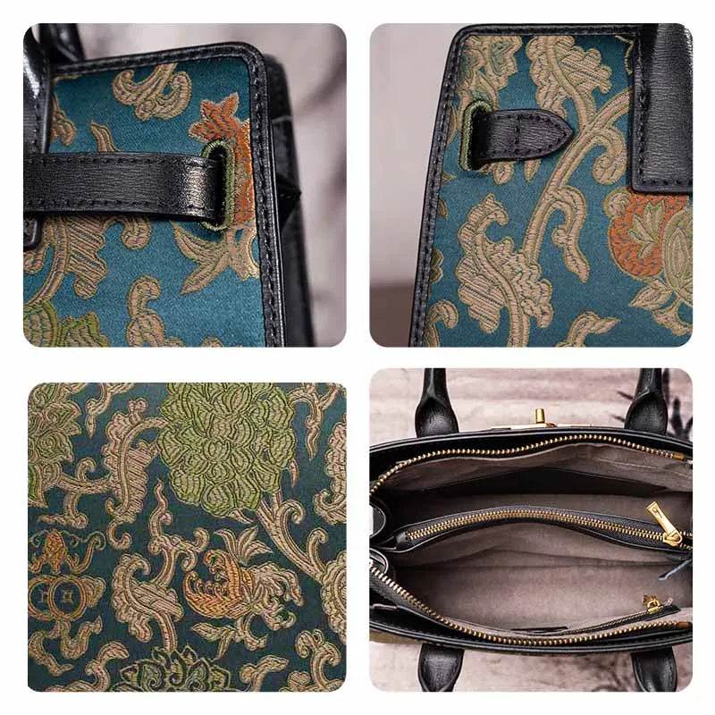 Handmade Song Brocade Chinoiserie Leather Kelly Bag Twining Flowers - SinoCultural -- W4188-1