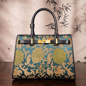 Handmade Song Brocade Chinoiserie Leather Kelly Bag Twining Flowers - SinoCultural -- W4188-1