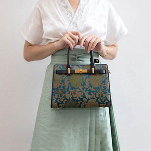 Handmade Song Brocade Chinoiserie Leather Kelly Bag Twining Flowers - SinoCultural -- W4188-1