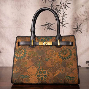 Handmade Song Brocade Chinoiserie Vintage Brown Kelly Bag - SinoCultural -- W4188-3