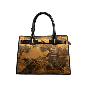 Handmade Xiangyunsha Silk Black Leather Kelly Bag Chinese Painting - SinoCultural -- W4188-2