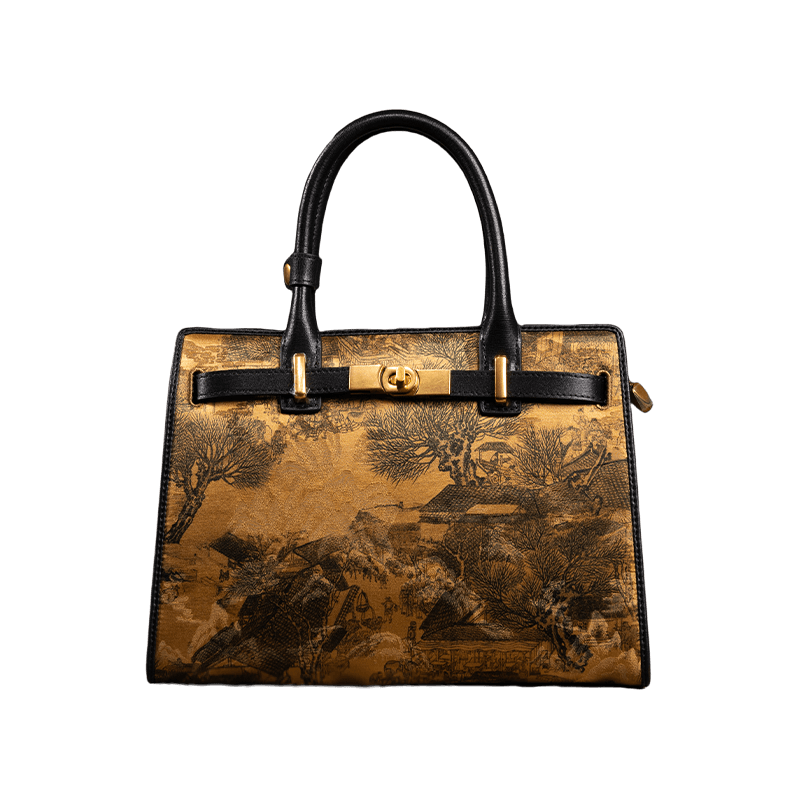 Handmade Xiangyunsha Silk Black Leather Kelly Bag Chinese Painting - SinoCultural -- W4188-2