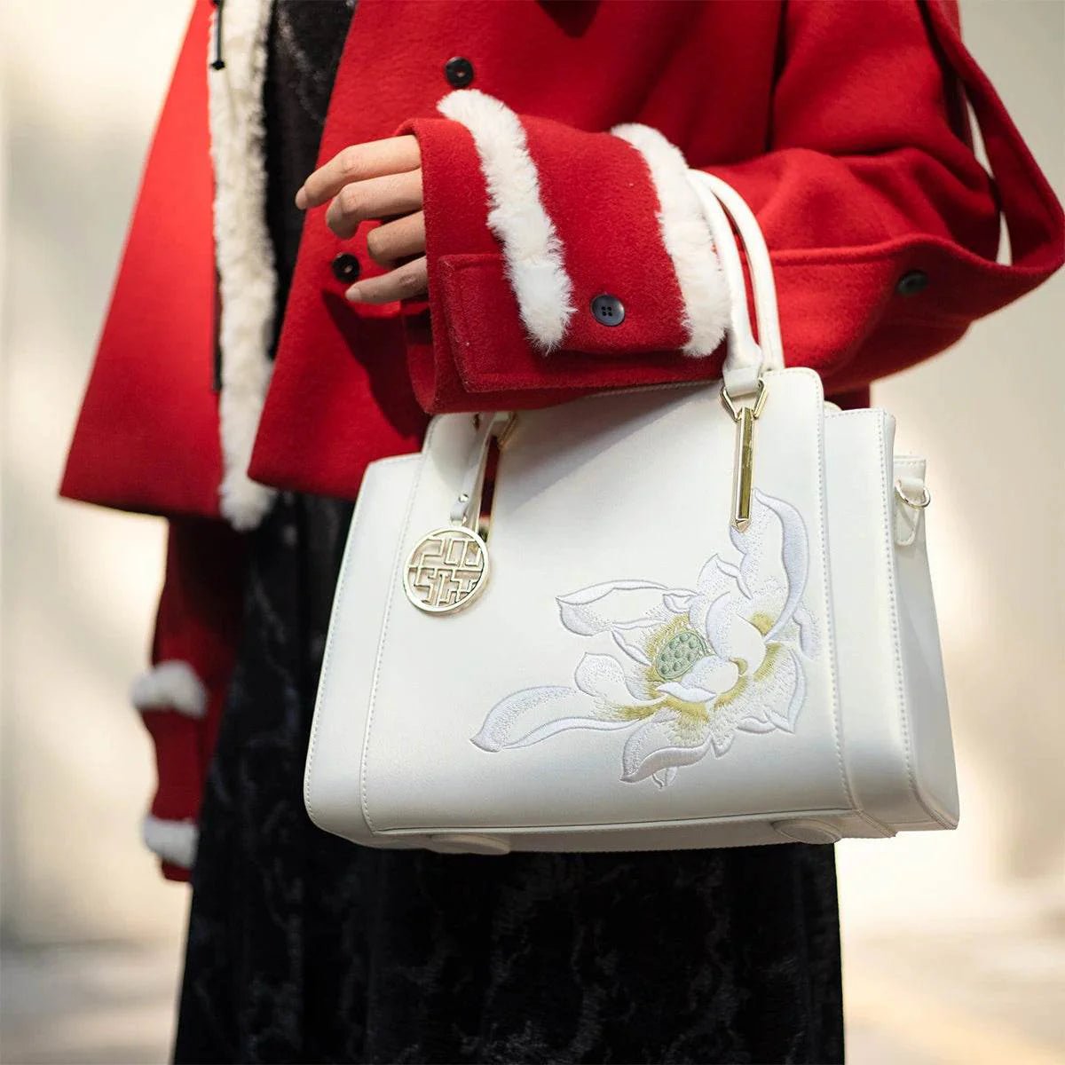 Sinocultural Embroidery Leather Tote Bag White Lotus Crossbody Bag - SinoCultural -- P120317
