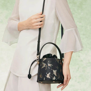 Brocade Black Bucket Bag Designer Butterfly Handbag - SinoCultural -- JD170618-1