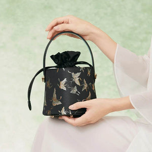 Brocade Black Bucket Bag Designer Butterfly Handbag - SinoCultural -- JD170618-1