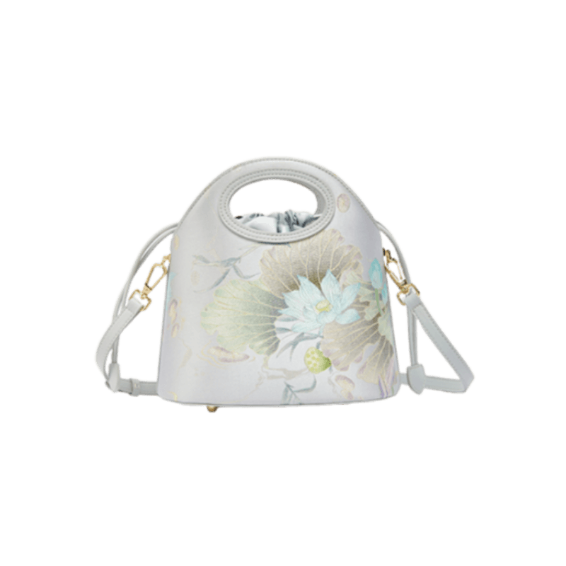 Printed Jacquard Lotus Gray Drawstring Bucket Bag - SinoCultural -- LD120670-1