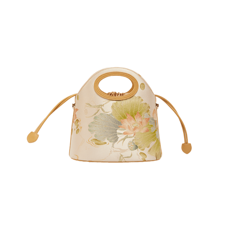 Printed Jacquard Lotus Khaki Drawstring Bucket Bag - SinoCultural -- LD120670-3