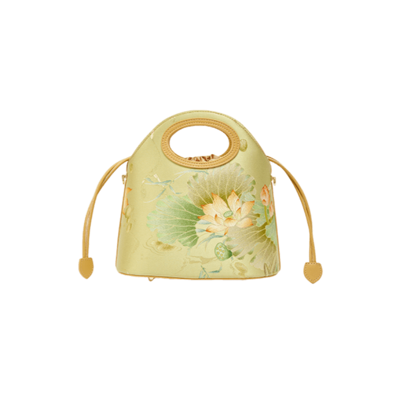 Printed Jacquard Lotus Green Drawstring Bucket Bag - SinoCultural -- LD120670-2