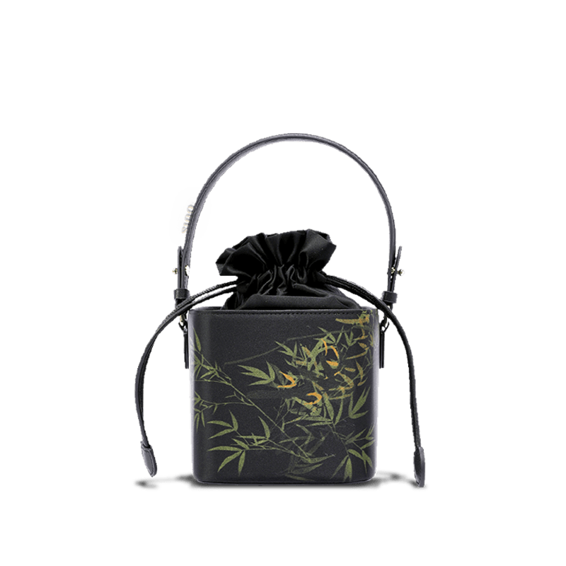 Xiangyunsha Silk Black Bamboo Print Mini Cube Bucket Bag - SinoCultural -- LD170613