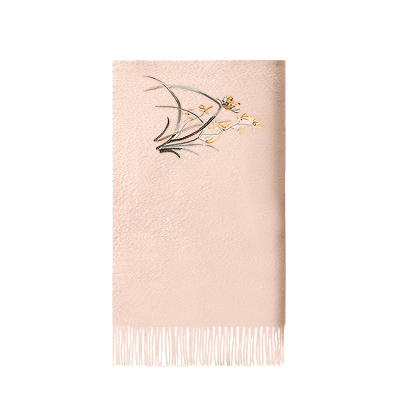 Handcrafted Embroidery Premium 100% Wool Cashmere Scarf Orchid 180x30cm - SinoCultural -- LS064