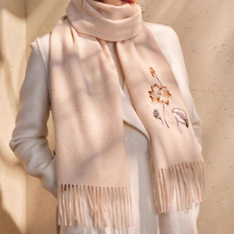 Handcrafted Embroidery Premium 100% Wool Scarf Shawl Lotus 180x30cm - SinoCultural -- LS065