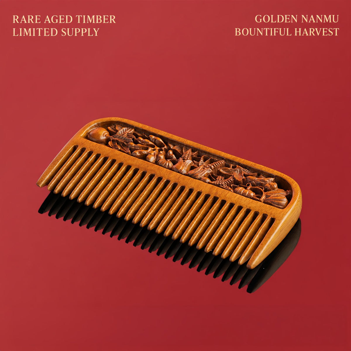 Bountiful Harvest Golden Nanmu Wooden Comb – Heritage Hand-Carved Wide-Tooth Comb