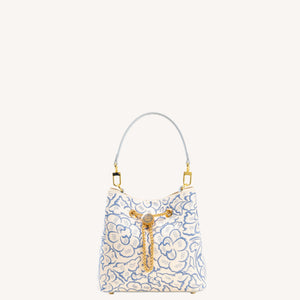 Embroidered bucket bag with blue peony linework-brocademodern