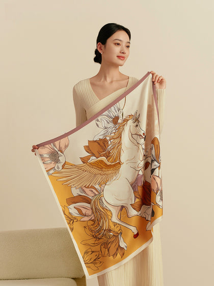 Mulberry silk scarf with Magnolia Ode artwork and soft natural drape for elegant styling