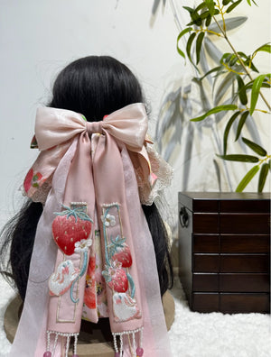Sweet Rabbit in Bloom brocade bow hair clip in soft pink with romantic new Chinese styling