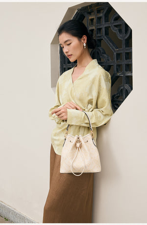 Lucky Persimmon Brocade “Fu” Bucket Bag – Embroidered Tote Moonlight White