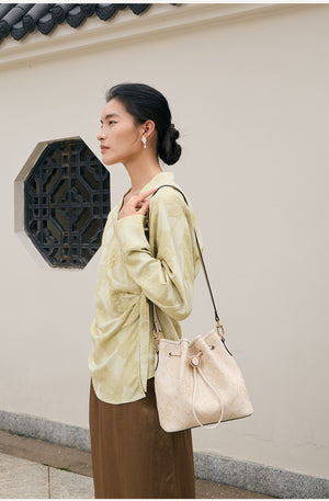 Lucky Persimmon Brocade “Fu” Bucket Bag – Embroidered Tote Moonlight White