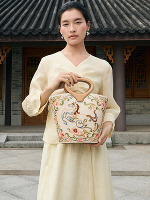 New Chinese Style Embroidered Leather Bucket Handbag - Heavenly Horse Fortune Tote Bag