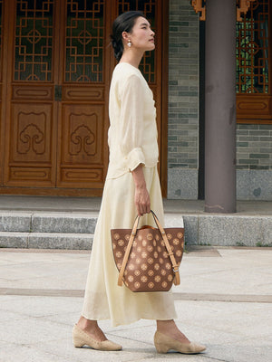 Baoxiang Blossom Embroidered Leather Bucket Bag | Chinese Style Large Tote | Brocade Modern