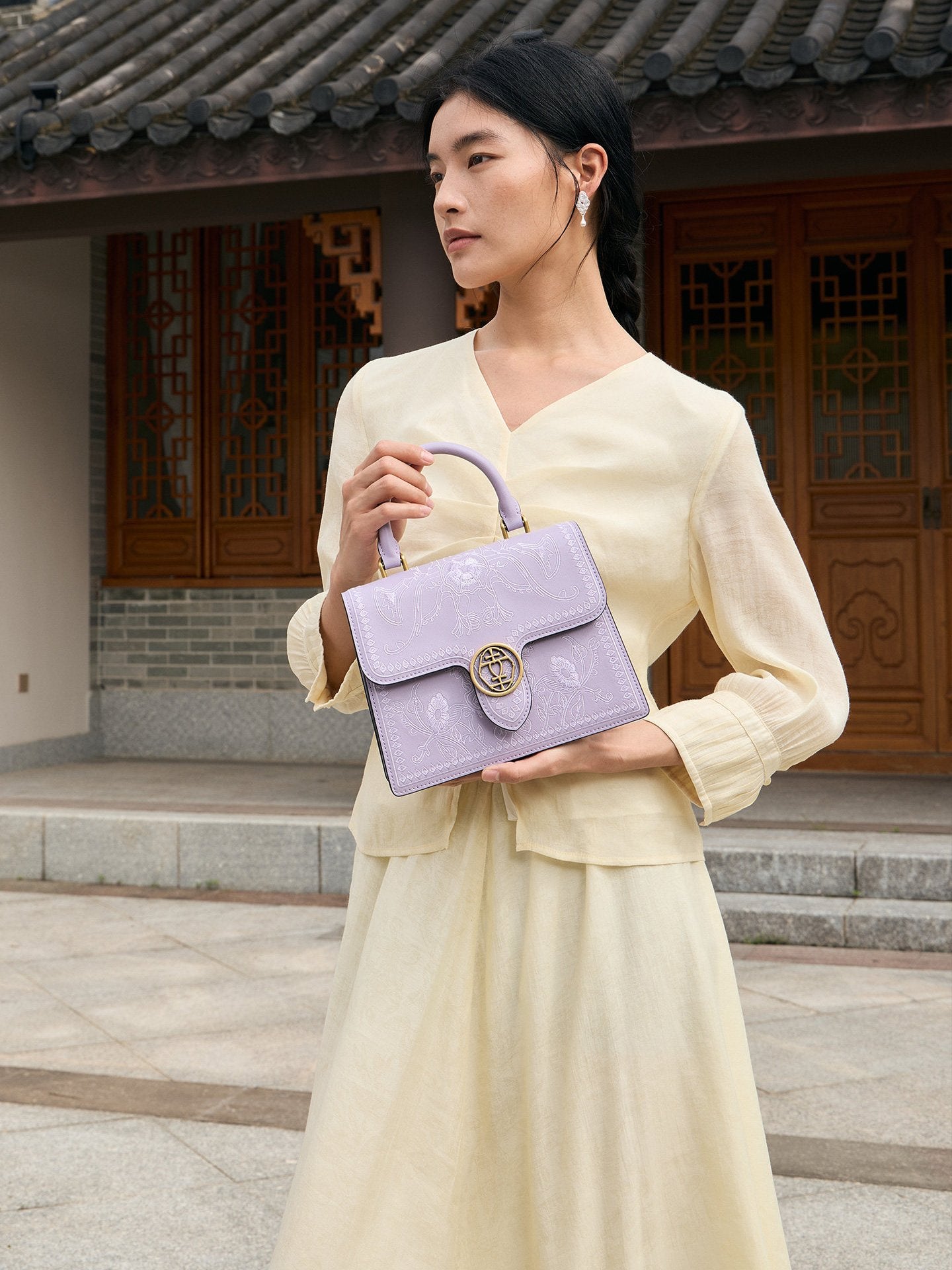 Graceful Lady Embroidered Leather Accordion Bag | Morning Glory Chinese Handbag | Brocade Modern