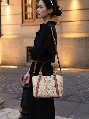 Luxury New Chinese Style Geometric Fortune Embroidered Cowhide Tote Bag