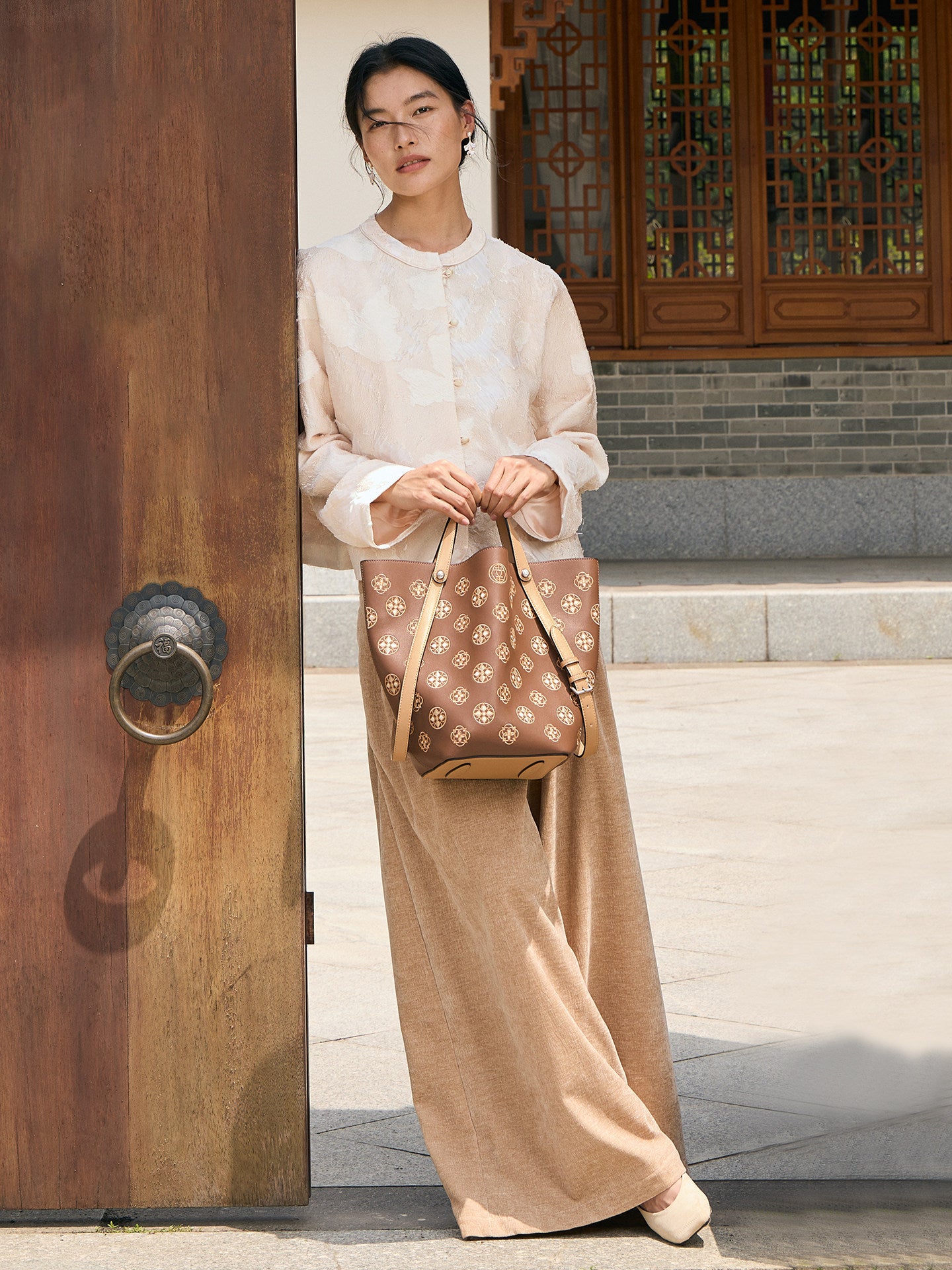 Baoxiang Blossom Embroidered Leather Bucket Bag | Chinese Style Large Tote | Brocade Modern
