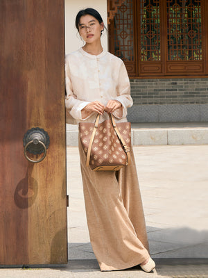 Baoxiang Blossom Embroidered Leather Bucket Bag | Chinese Style Large Tote | Brocade Modern