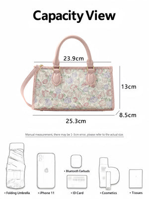 Three completed DIY mini tote examples featuring floral and butterfly textiles