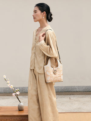 Dunhuang Arabesque Embroidered Basket Bag | Chinese Style Leather Tote